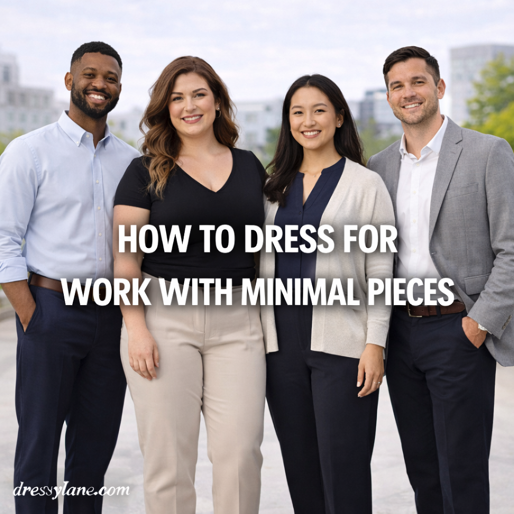 Group of professionals wearing polished, minimalist work outfits that demonstrate how to dress for work using a small number of versatile pieces.