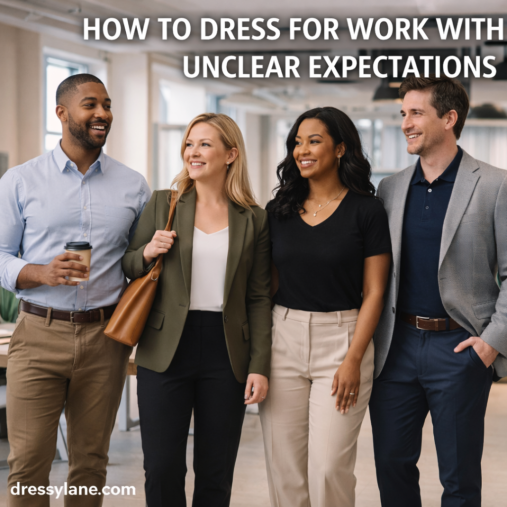 Professionals wearing polished yet adaptable work outfits in a modern office, representing confident style for workplaces with unclear dress expectations.