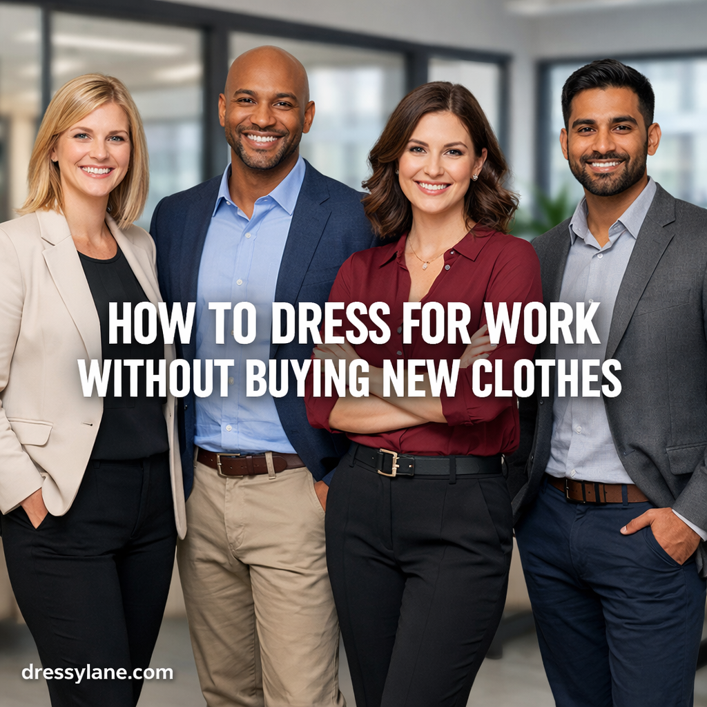 Professionally dressed men and women in a modern office setting showing how to dress for work without buying new clothes.