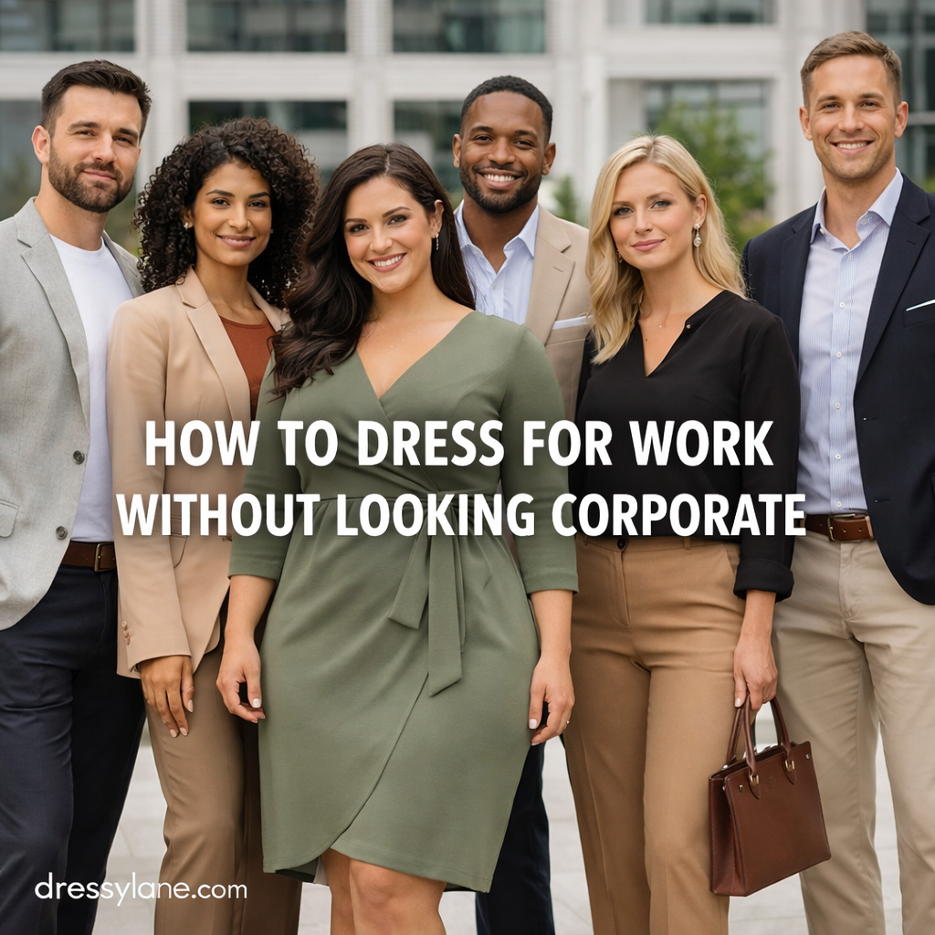 Group of men and women in modern work outfits that look professional without feeling corporate, styled in neutral tones and relaxed tailoring.