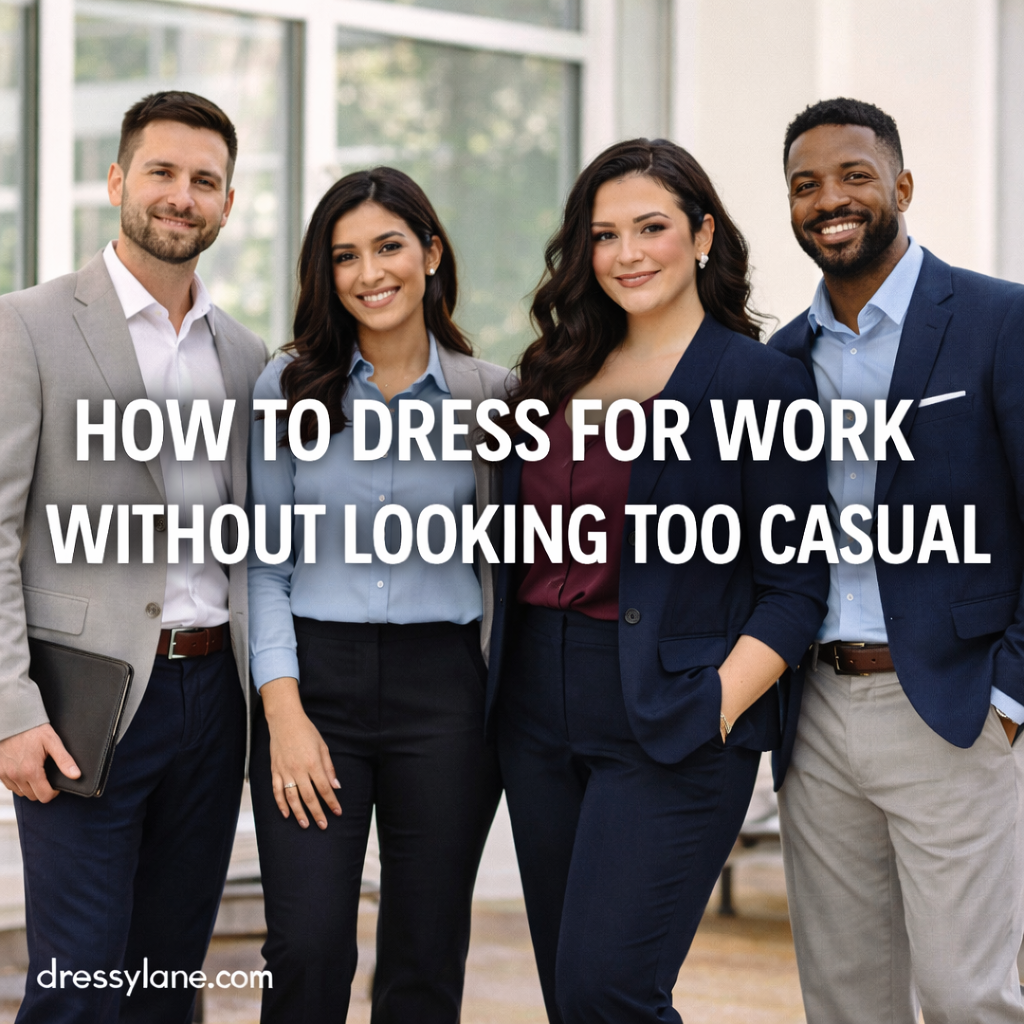 Group of men and women dressed in polished work outfits that balance professionalism and comfort without appearing overly casual.