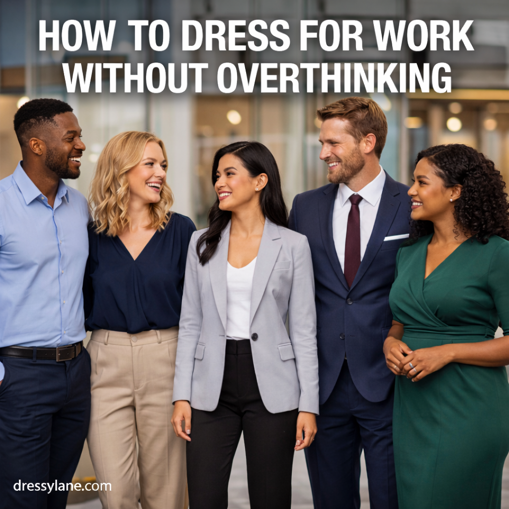 A diverse group of men and women dressed in smart professional work attire standing together in a modern office setting.