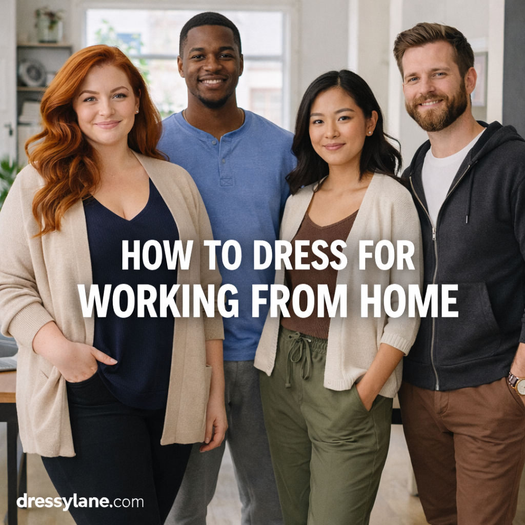 A diverse group of men and women wearing comfortable, work-from-home outfits in a bright home office setting.