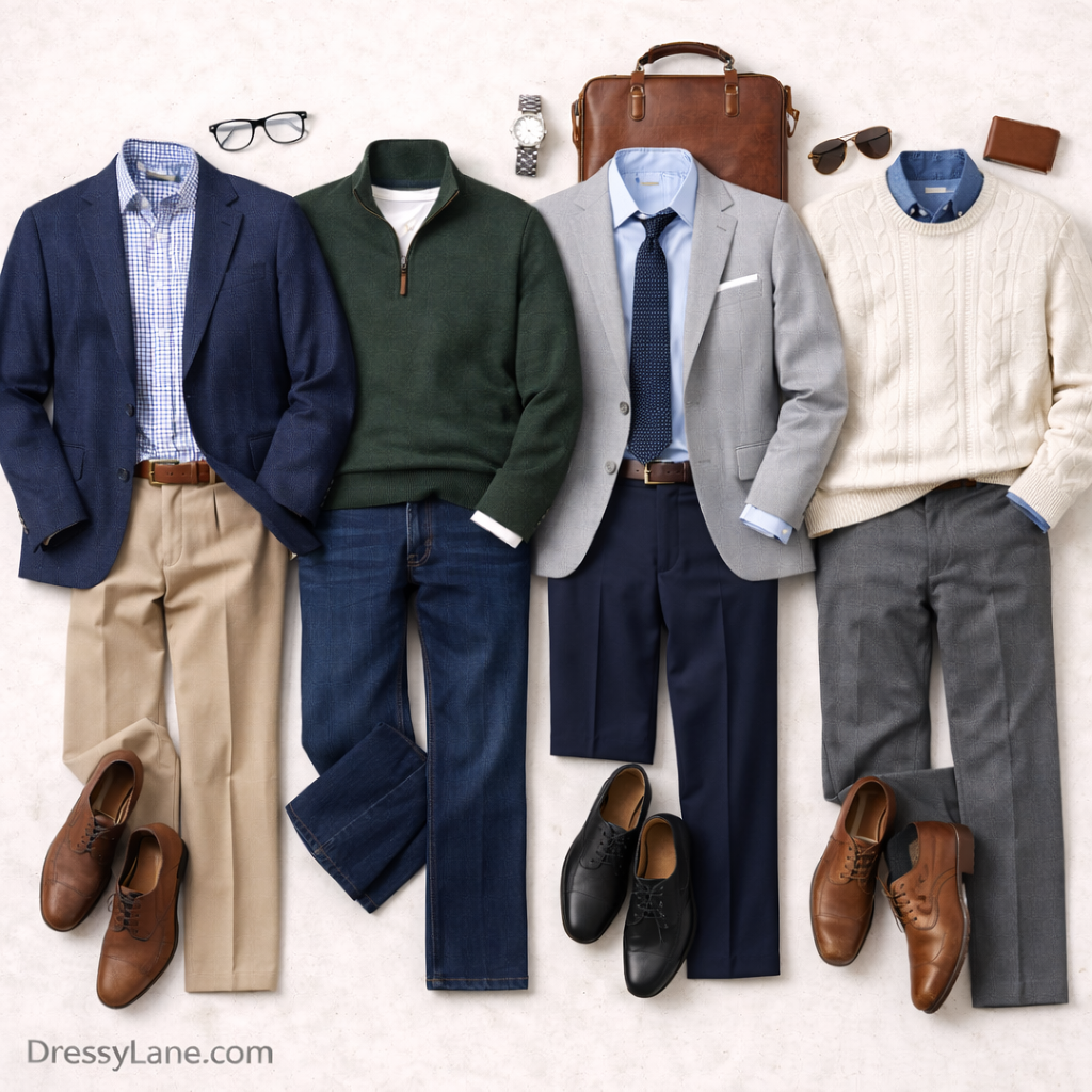 Flat lay of men’s outfits styled to complement different body shapes, featuring blazers, sweaters, tailored trousers, jeans, and classic footwear.