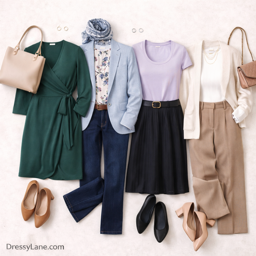 Flat lay of women’s outfits designed to flatter different body shapes, featuring wrap dresses, tailored jeans, skirts, cardigans, and balanced silhouettes.