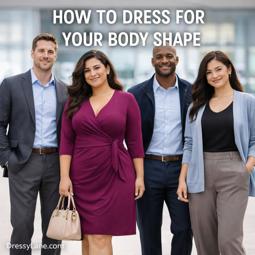 A diverse group of men and women wearing flattering outfits styled to complement different body shapes and proportions.