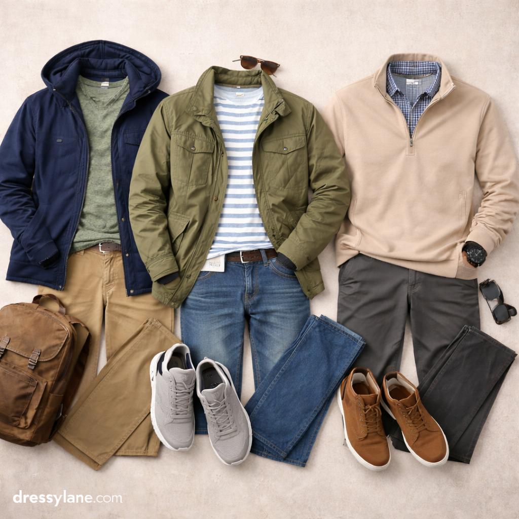 Flat lay of men’s comfortable everyday outfits featuring relaxed jackets, sweaters, shirts, jeans, pants, sneakers, and accessories arranged for easy, casual style.