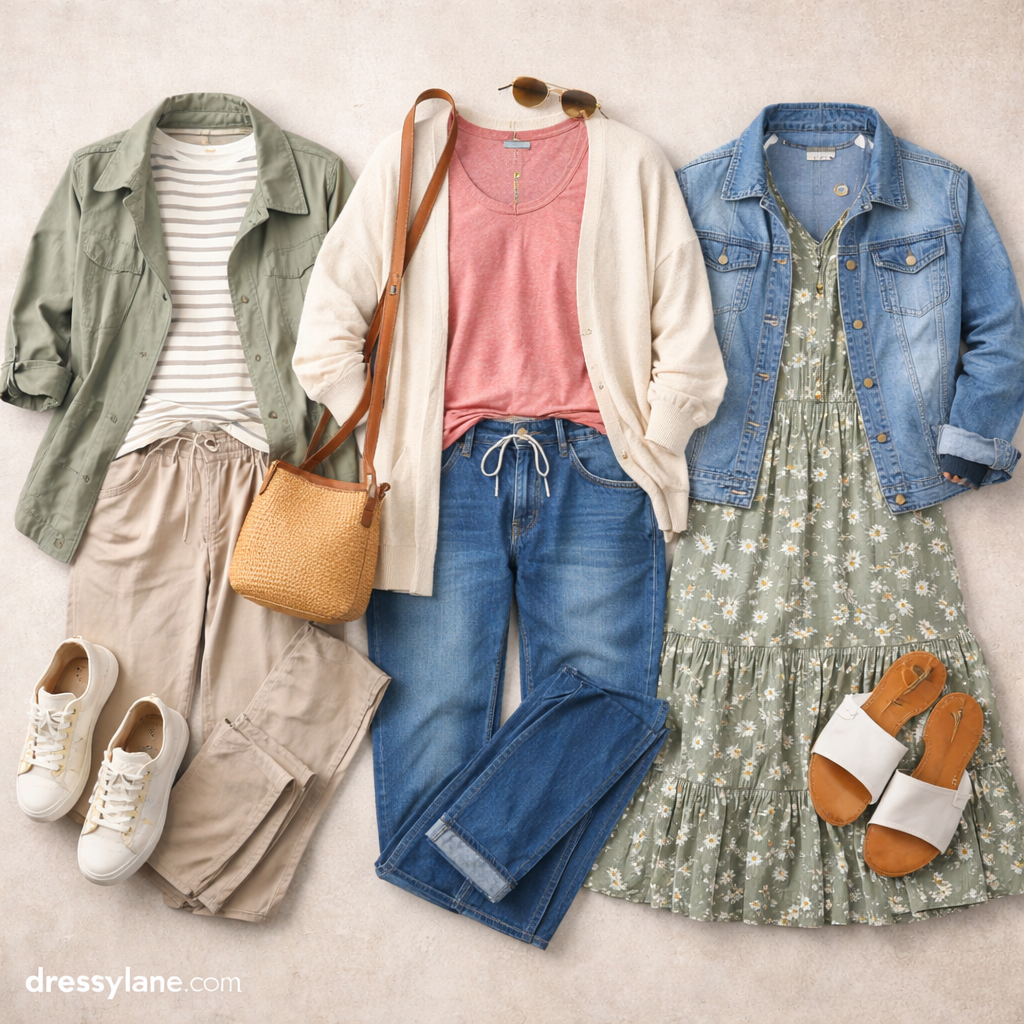 Flat lay of women’s comfortable everyday outfits featuring relaxed layers, soft fabrics, dresses, jeans, sneakers, and sandals arranged for effortless style.