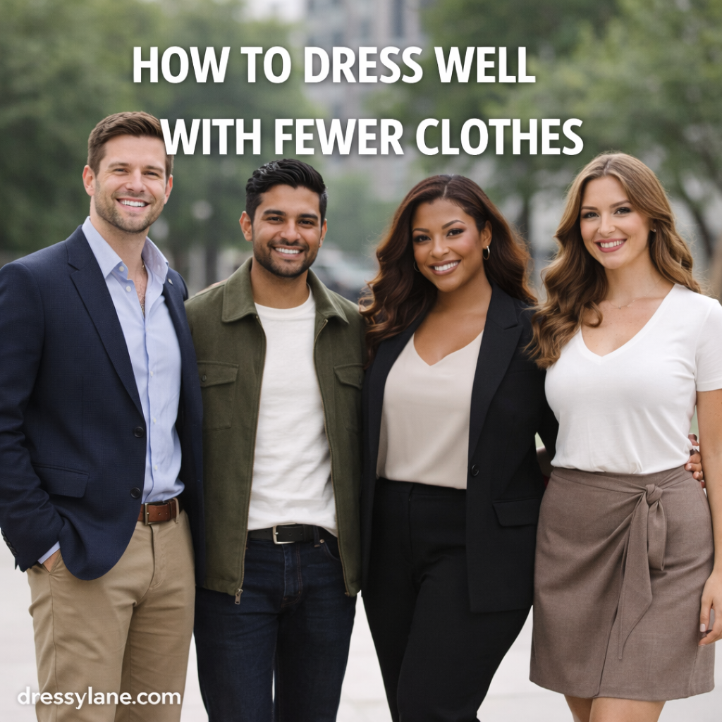 Diverse group of men and women wearing simple, well-fitted outfits that demonstrate stylish dressing with a minimal wardrobe.