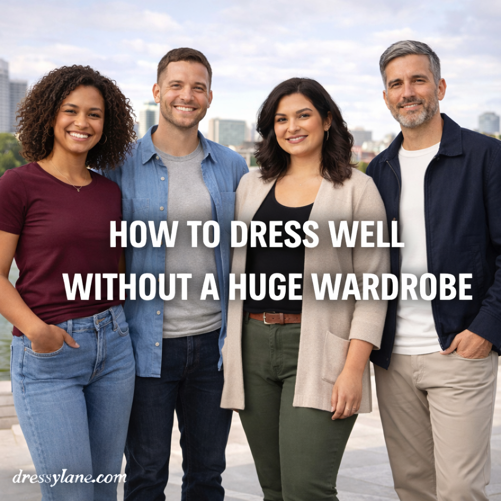 Diverse group of men and women wearing simple, coordinated outfits that demonstrate how to dress well with a minimal wardrobe.