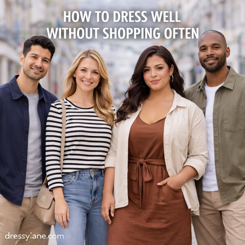 A diverse group of men and women wearing stylish everyday outfits on a city street, representing how to dress well without shopping often.
