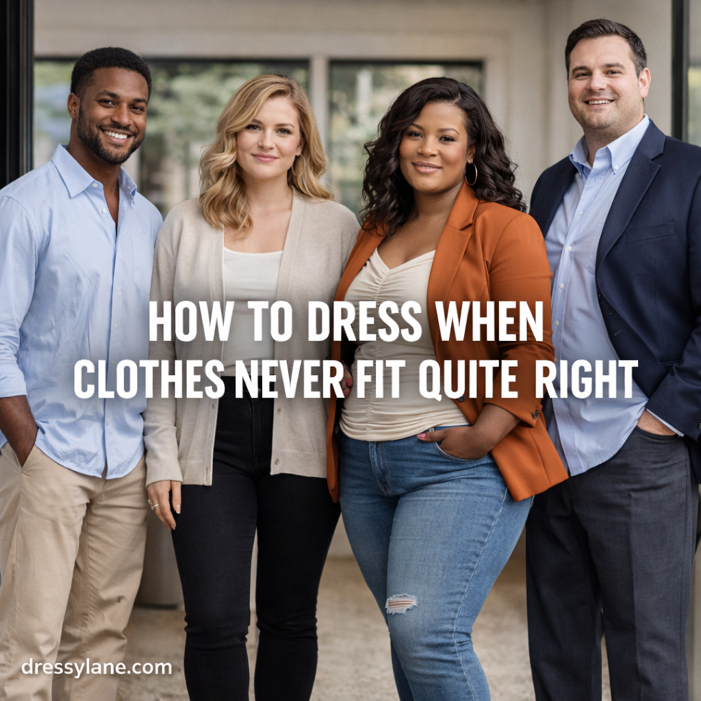 Men and women of different body types wearing casual workwear styles demonstrating how to dress when clothes never fit quite right.
