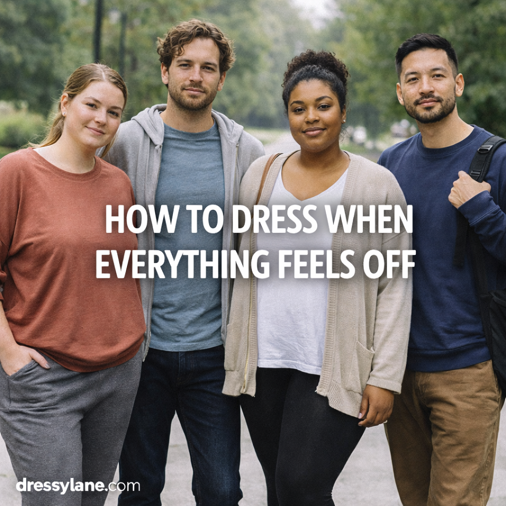 A diverse group of men and women wearing comfortable, calming outfits in an outdoor setting designed to support low-energy or off days.