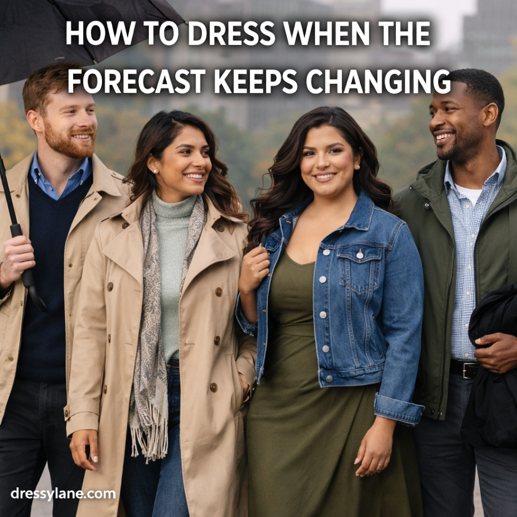 A diverse group of men and women wearing layered, weather-ready outfits outdoors, showing how to dress for changing weather conditions.