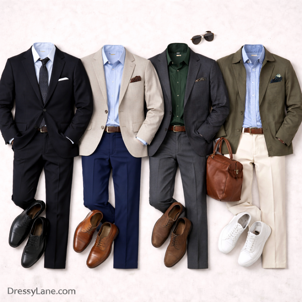 Flat lay of men’s versatile event outfits suitable for unclear dress codes, featuring tailored suits, blazers, dress shirts, and classic footwear.