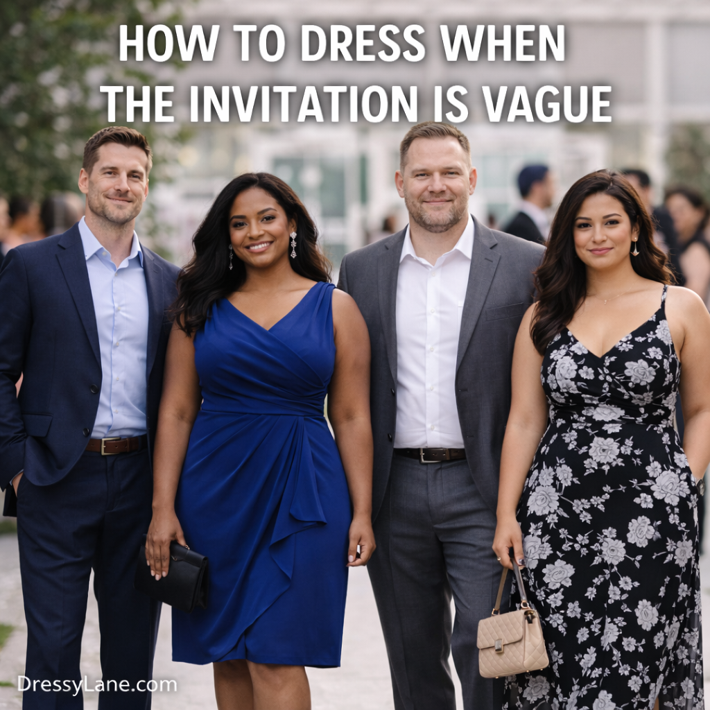 A diverse group of men and women wearing polished semi-formal outfits suitable for events with unclear dress codes.