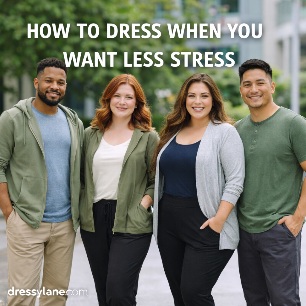 Diverse group of men and women wearing relaxed, comfortable everyday outfits outdoors, including a confident curvy woman, styled for a calm and stress-free lifestyle.