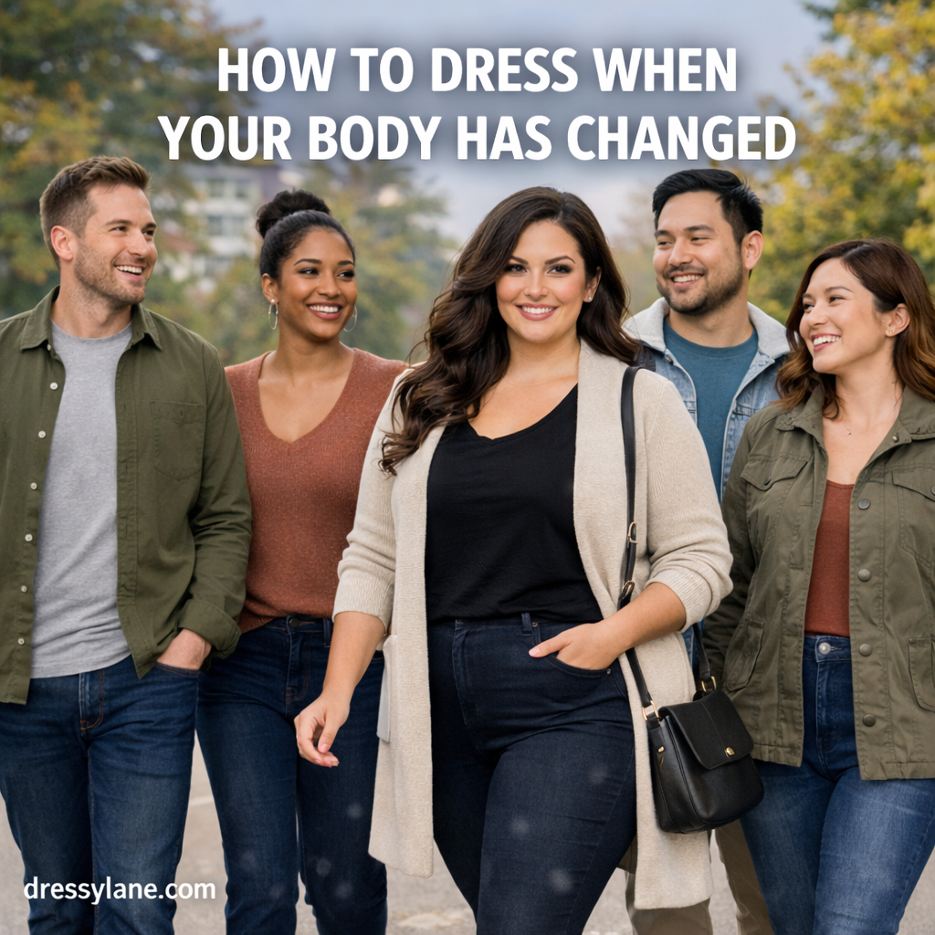 A diverse group of men and women wearing comfortable, flattering outfits while walking together, representing confidence and style after body changes.
