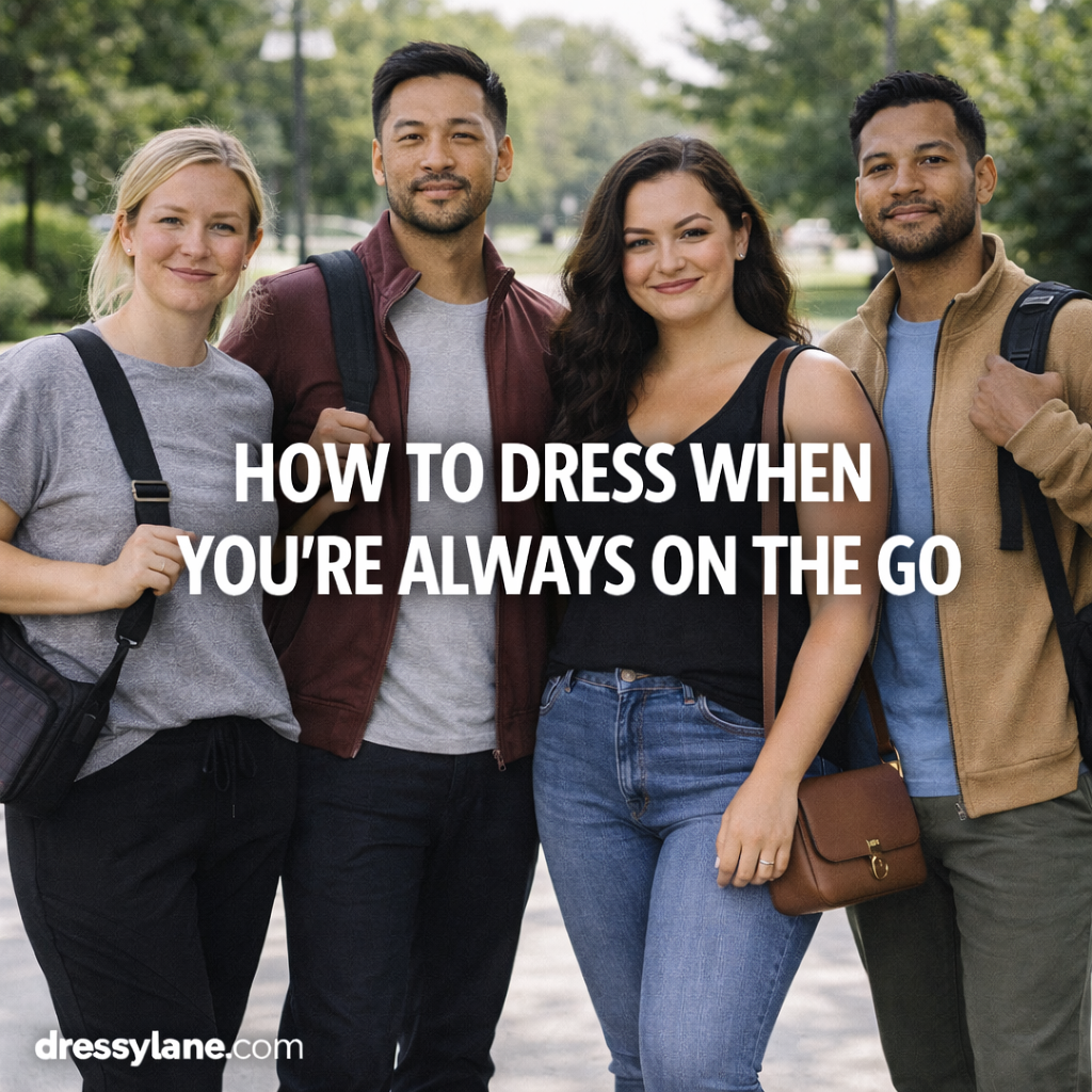 A diverse group of men and women wearing comfortable, practical outfits designed for staying active and on the go in an outdoor setting.