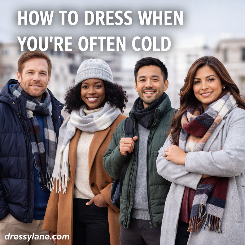 A diverse group of men and women wearing warm layered outfits and scarves, showing how to dress comfortably when you’re often cold.