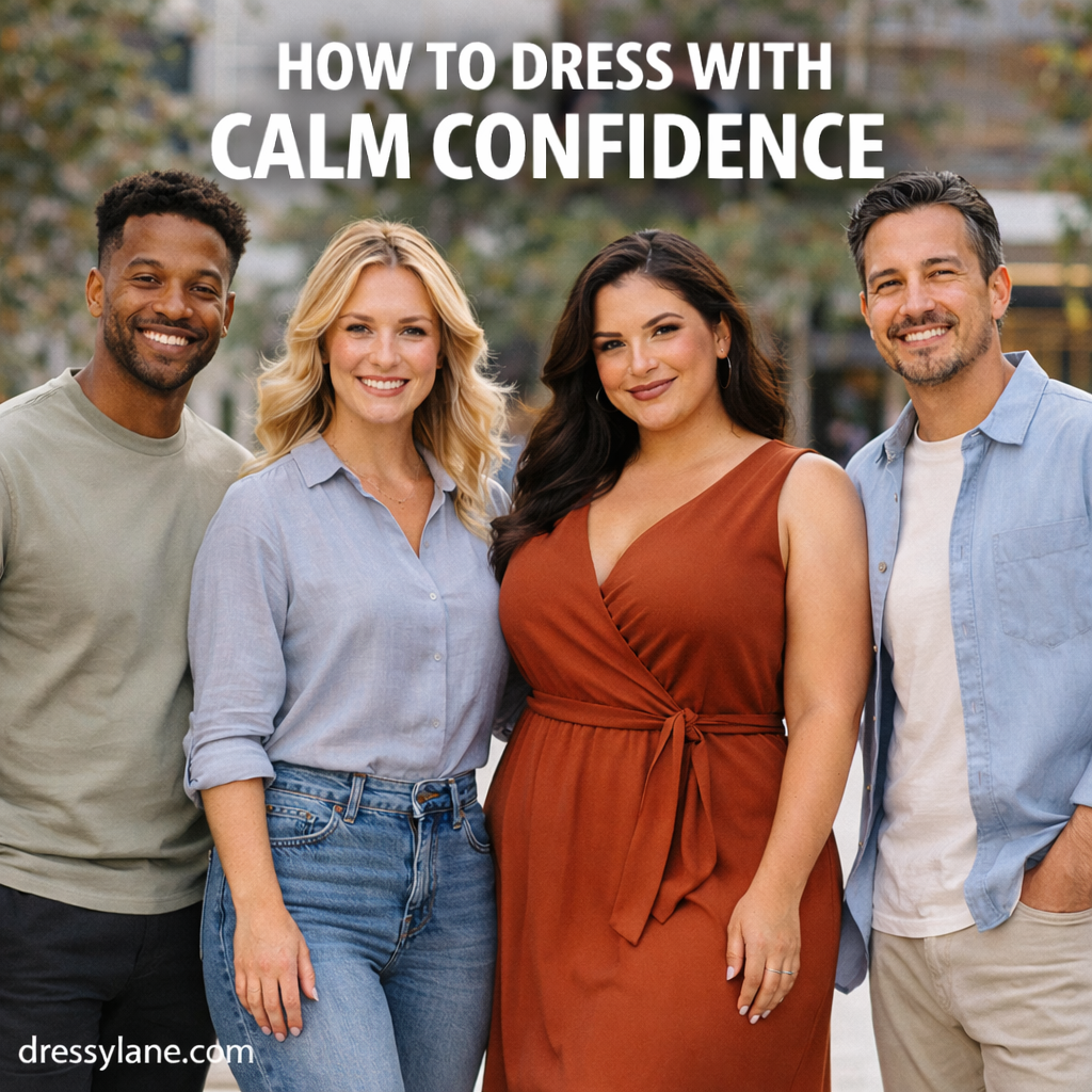 Diverse group of men and women wearing relaxed, polished outfits that reflect calm confidence and effortless personal style.