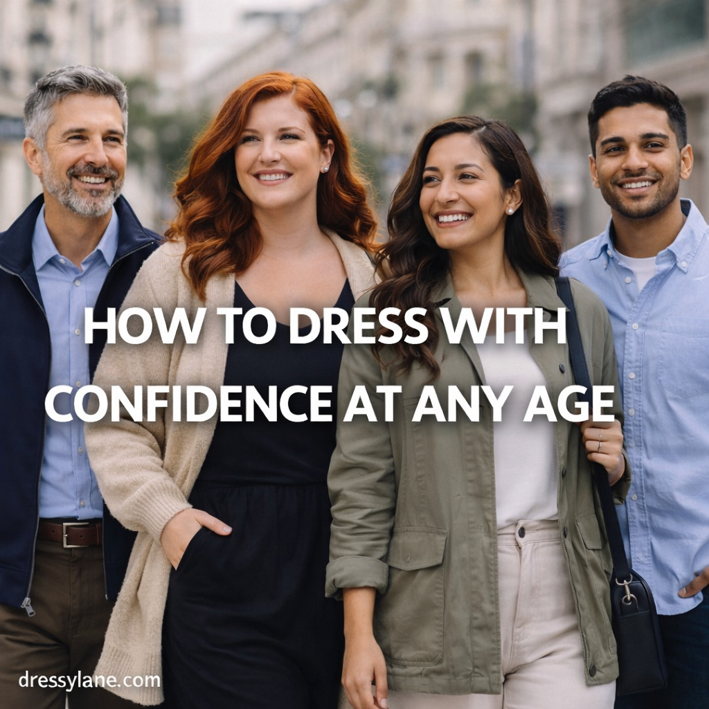 Diverse group of men and women of different ages wearing confident, stylish outfits in an urban setting.