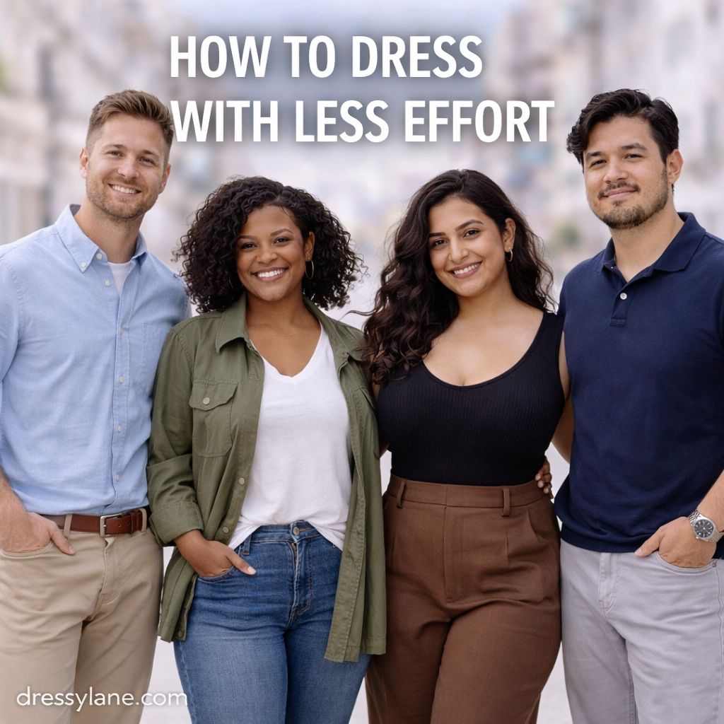 A diverse group of men and women wearing relaxed, coordinated outfits on a city street, with a confident curvy woman at the center representing effortless everyday style.