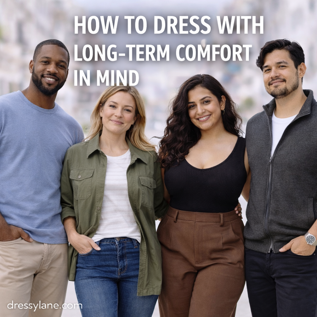 A diverse group of men and women wearing relaxed, comfortable everyday outfits outdoors, with a confident curvy woman at the center representing long-term comfort-focused style.