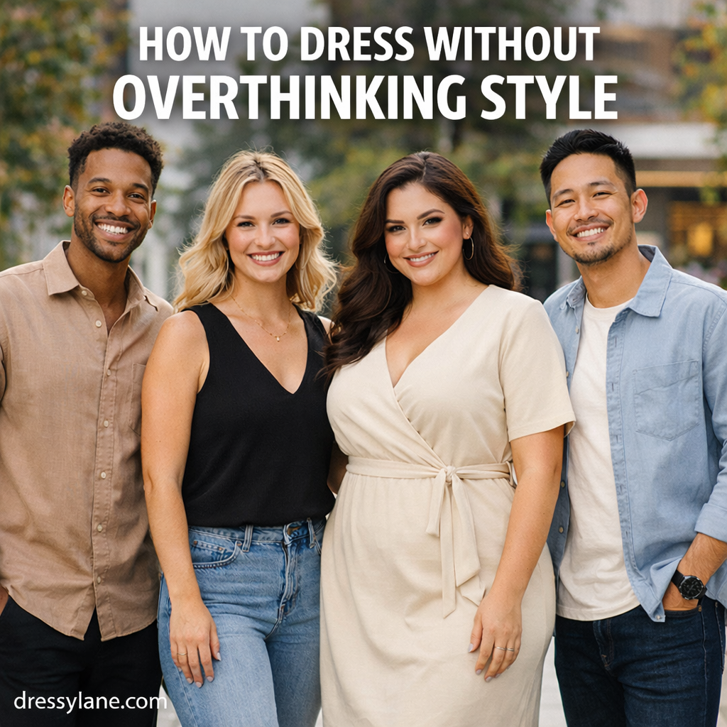 Diverse group of men and women wearing simple, comfortable outfits that reflect effortless everyday style.