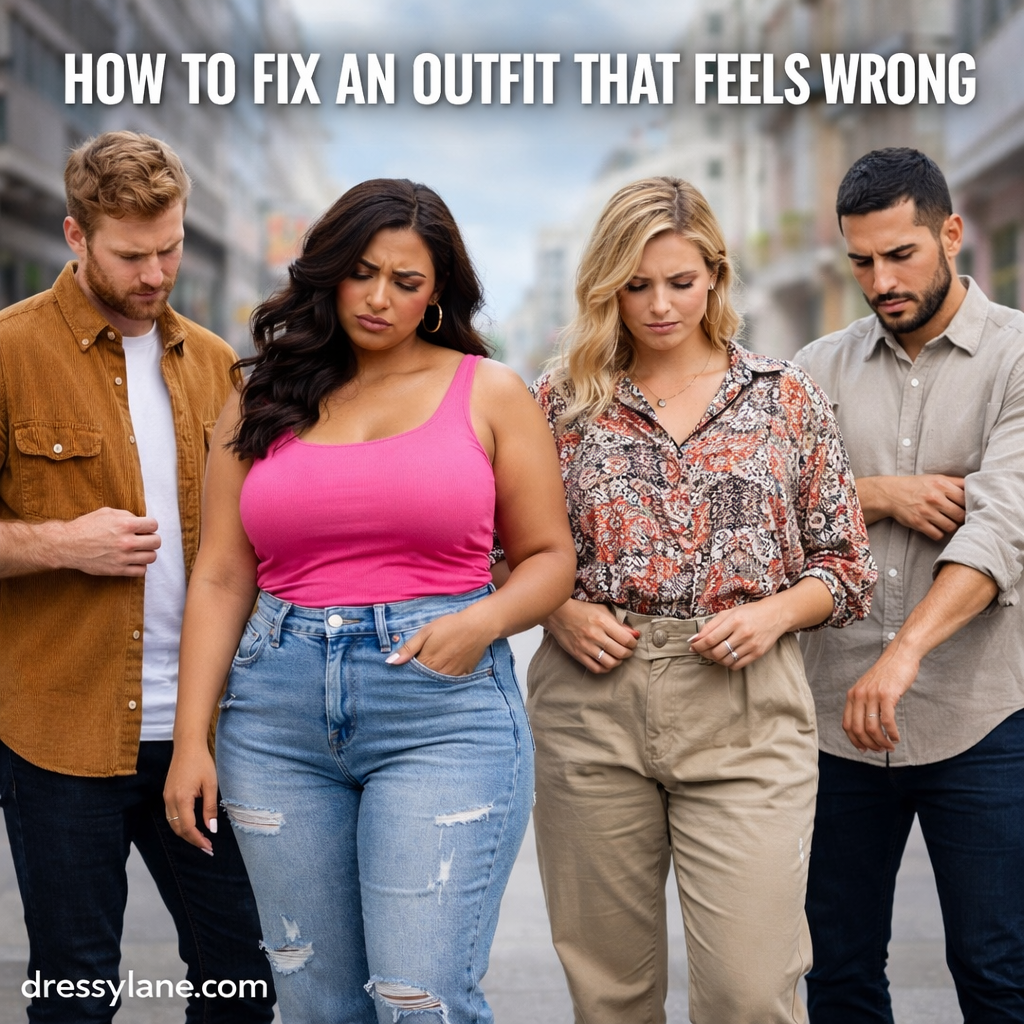 A diverse group of men and women standing outdoors, checking their clothing and looking uncertain, with a confident curvy woman at the center representing an outfit that feels wrong.