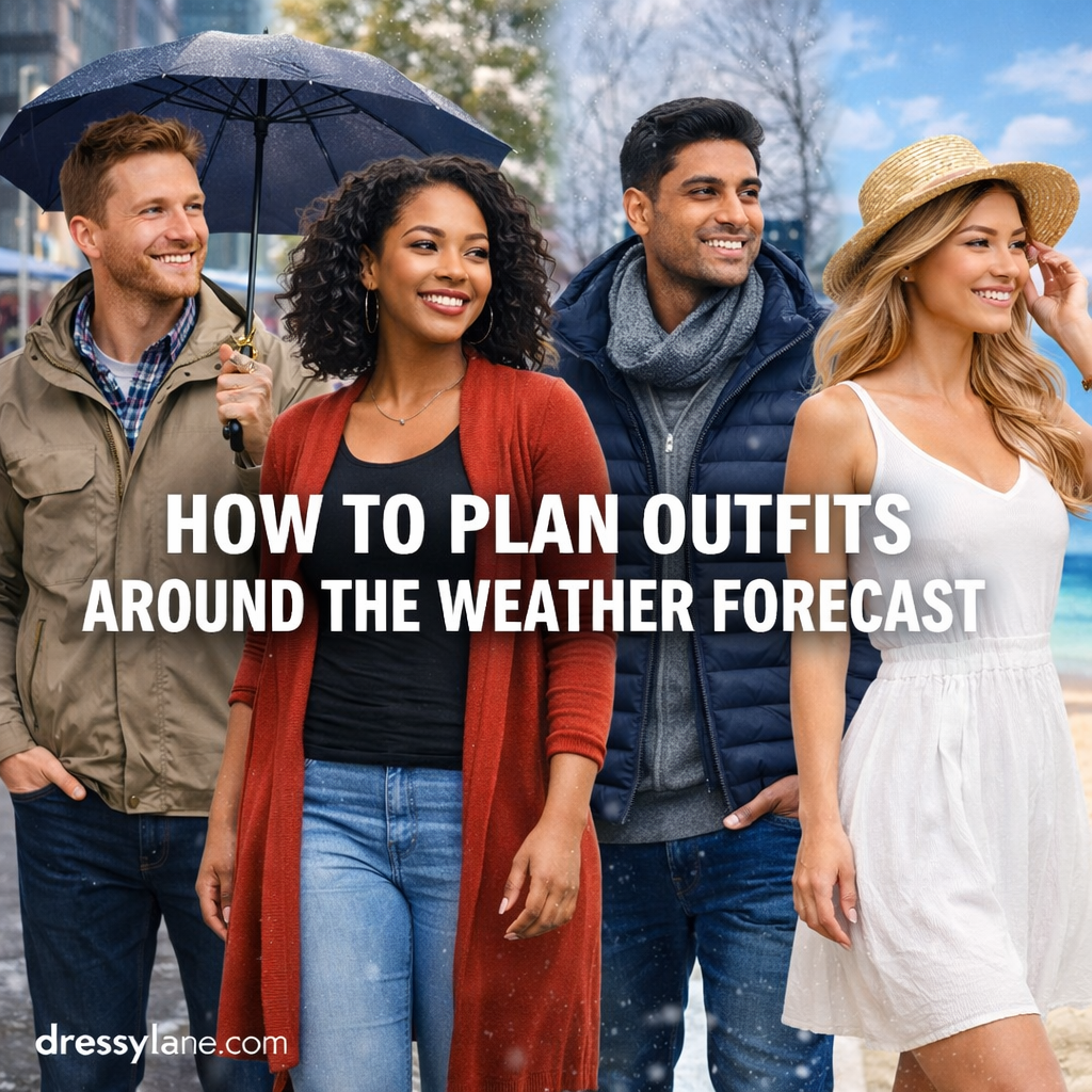 Group of men and women wearing weather-appropriate outfits for rain, cold, and sunny conditions, illustrating how to plan outfits around the weather forecast.