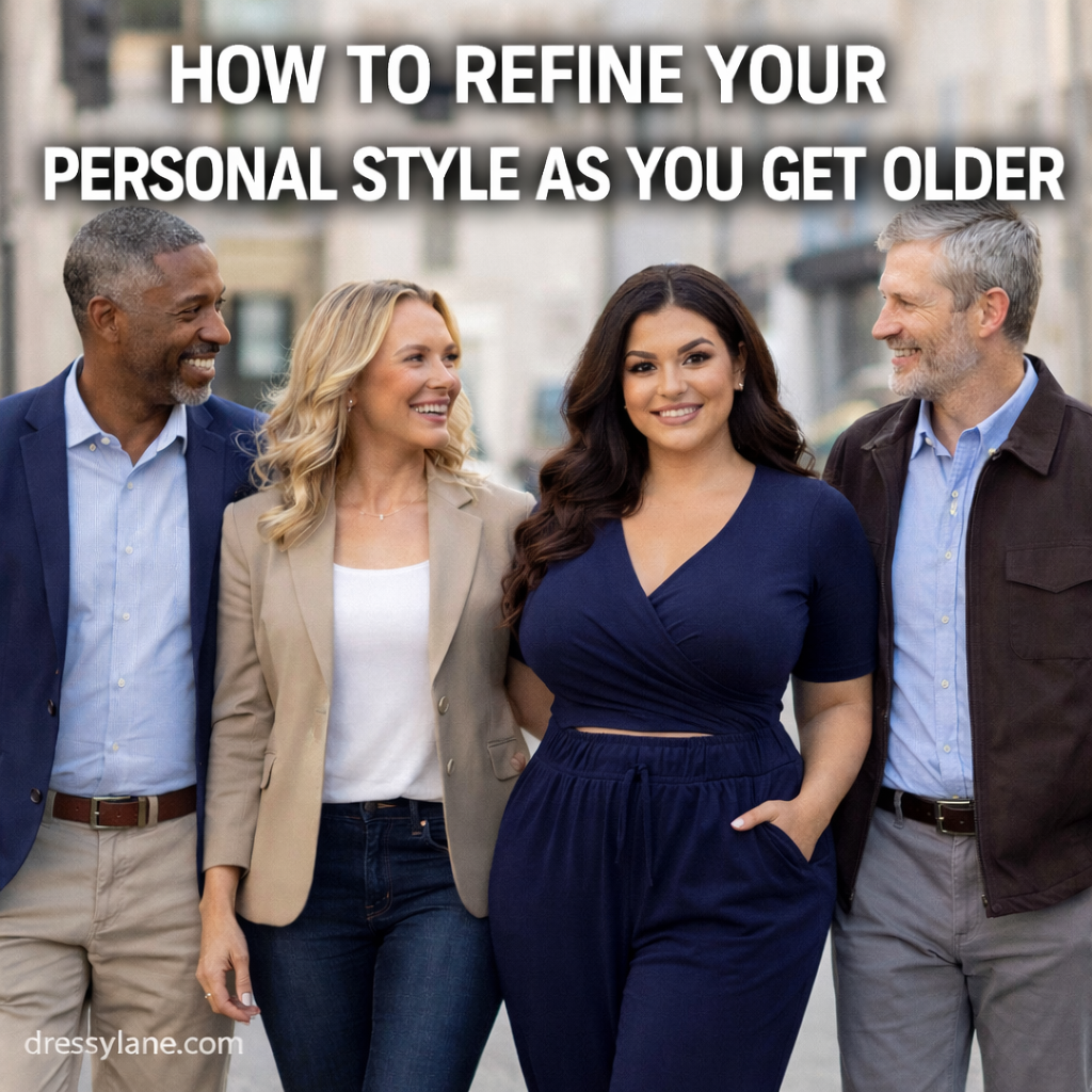 A diverse group of men and women wearing refined, age-appropriate outfits, walking together in an urban setting.