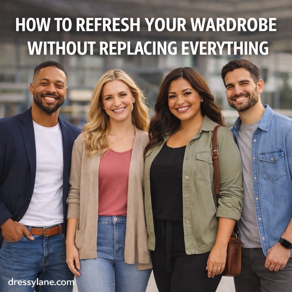 Diverse group of men and women wearing stylish everyday outfits, representing modern wardrobe refresh ideas without buying all new clothing.