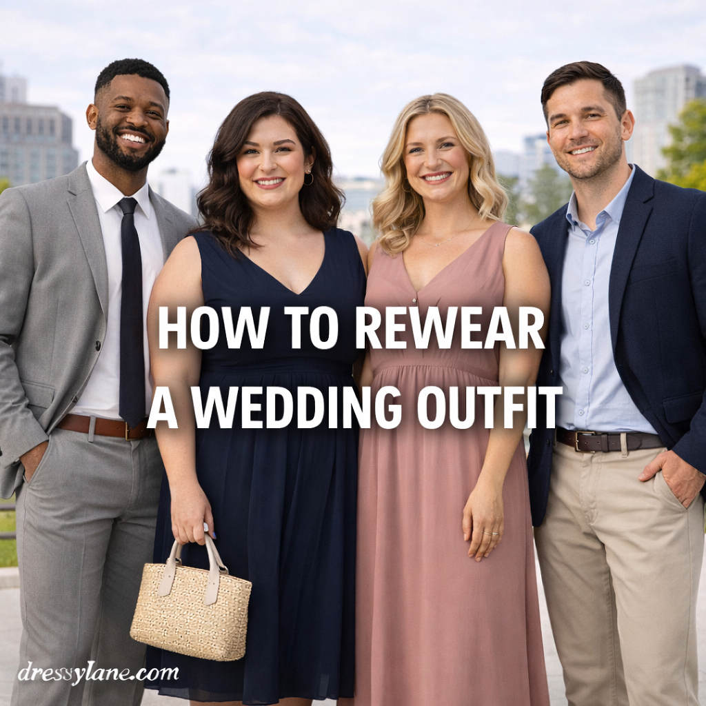 Group of men and women wearing versatile outfits that show how formal wedding attire can be restyled for other occasions.