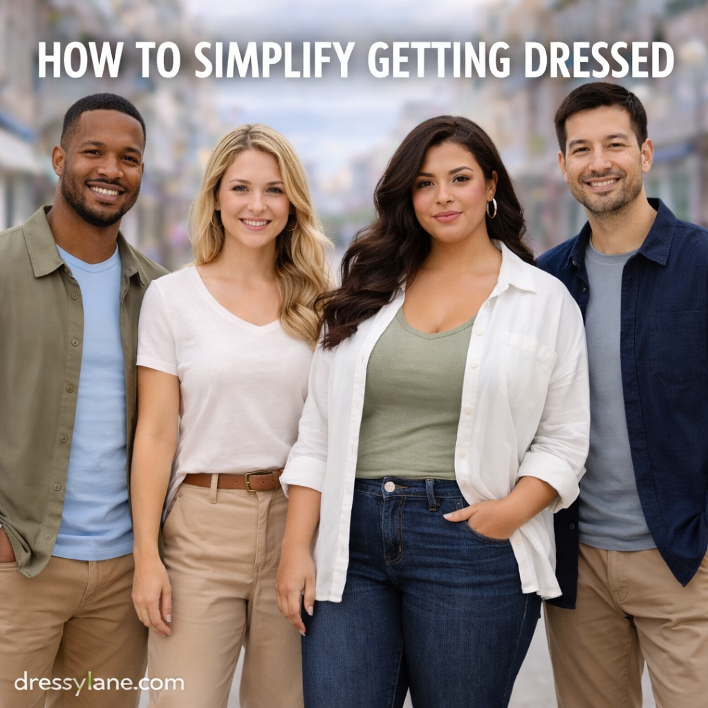 A diverse group of men and women wearing simple, coordinated everyday outfits on a city street, with a confident curvy woman at the center representing effortless style.