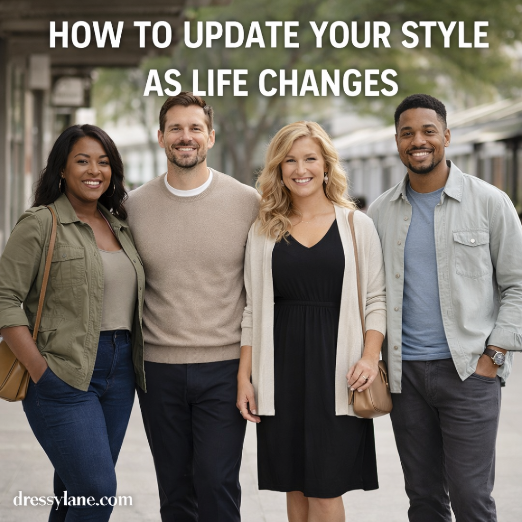 A diverse group of men and women wearing modern, versatile outfits that reflect updated personal style during different life stages.