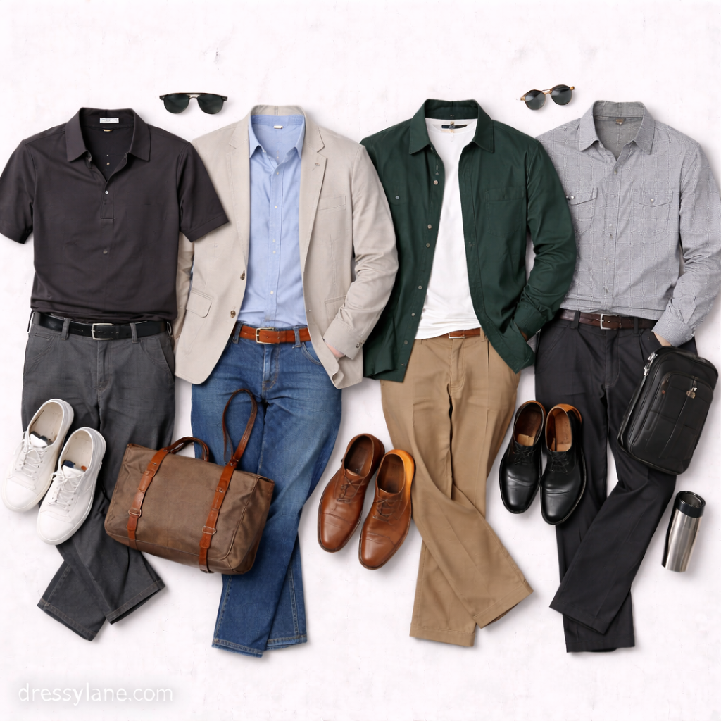 Flat lay of men’s last-minute event outfits featuring full-length pants, polished shirts, versatile jackets, dress shoes, and coordinated accessories arranged on a neutral background.