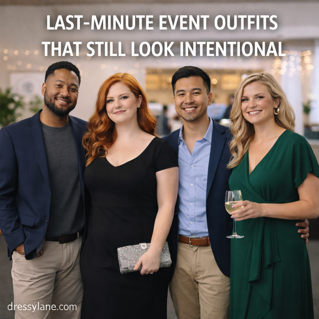 A diverse group of men and women wearing polished last-minute event outfits, including a curvy woman in an elegant dress, styled for a social gathering.