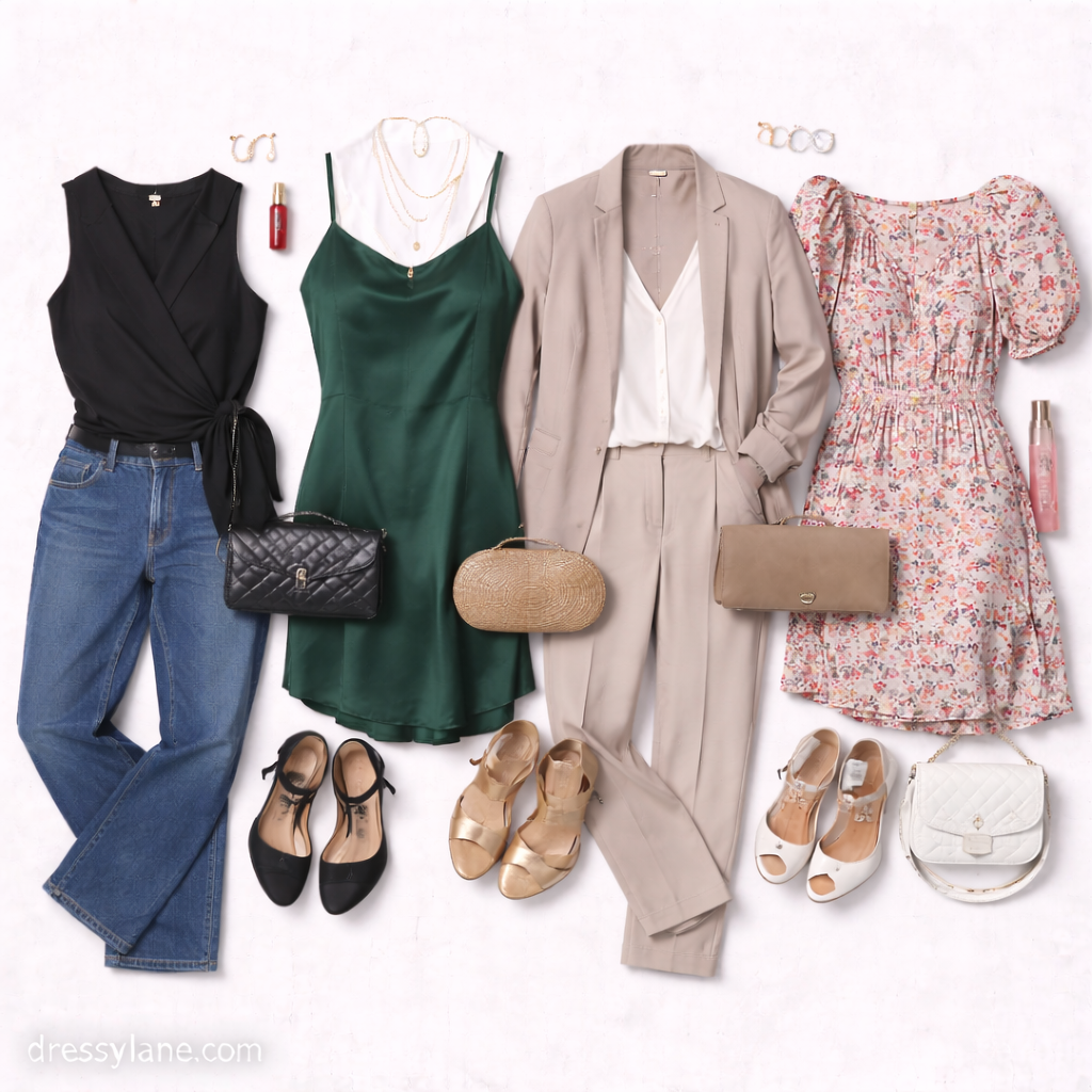 Flat lay of women’s last-minute event outfits featuring dresses, tailored pieces, denim, heels, clutches, and coordinated accessories arranged on a neutral background.