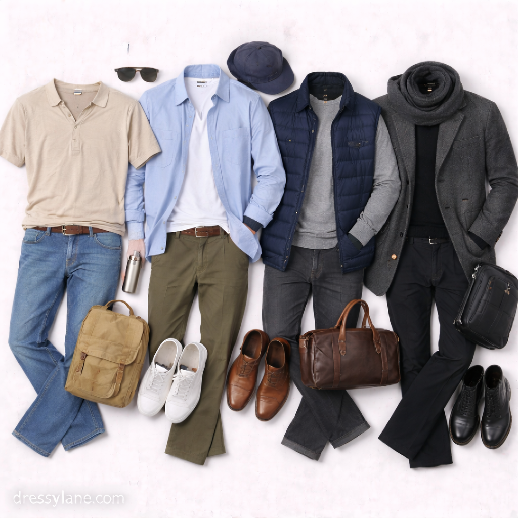 Flat lay of men’s versatile seasonal outfits featuring layered shirts, sweaters, jackets, full-length pants, shoes, and coordinated accessories arranged on a neutral background.