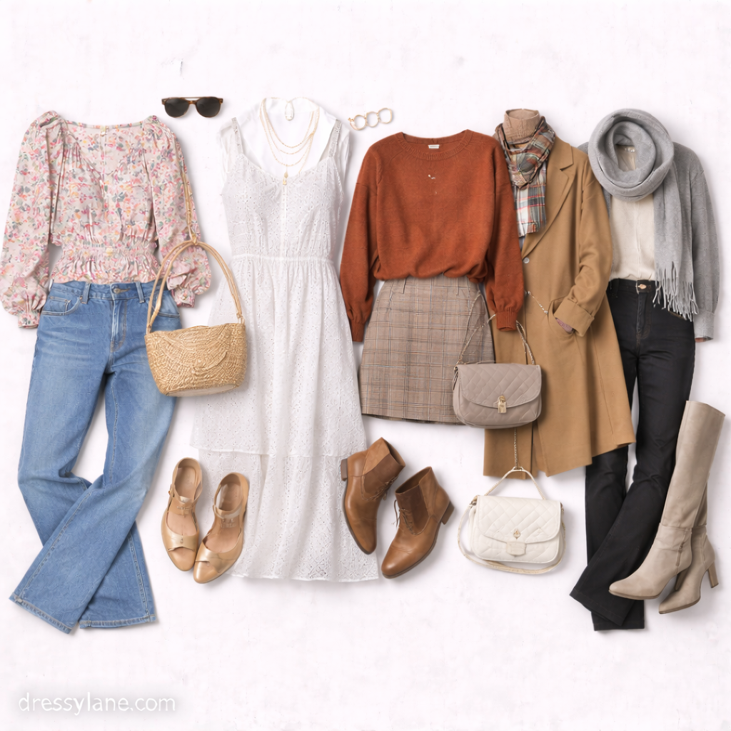 Flat lay of women’s seasonal outfits featuring layered tops, dresses, sweaters, coats, boots, and coordinated accessories arranged to represent year-round style.