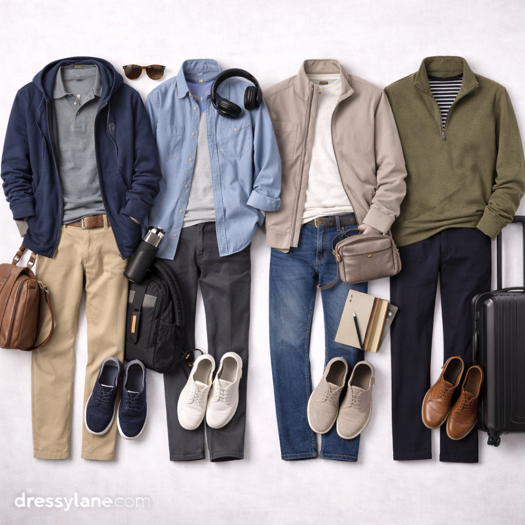 Flat lay of men’s everyday outfits featuring versatile layers, comfortable pants, casual shirts, and supportive shoes arranged on a neutral background.