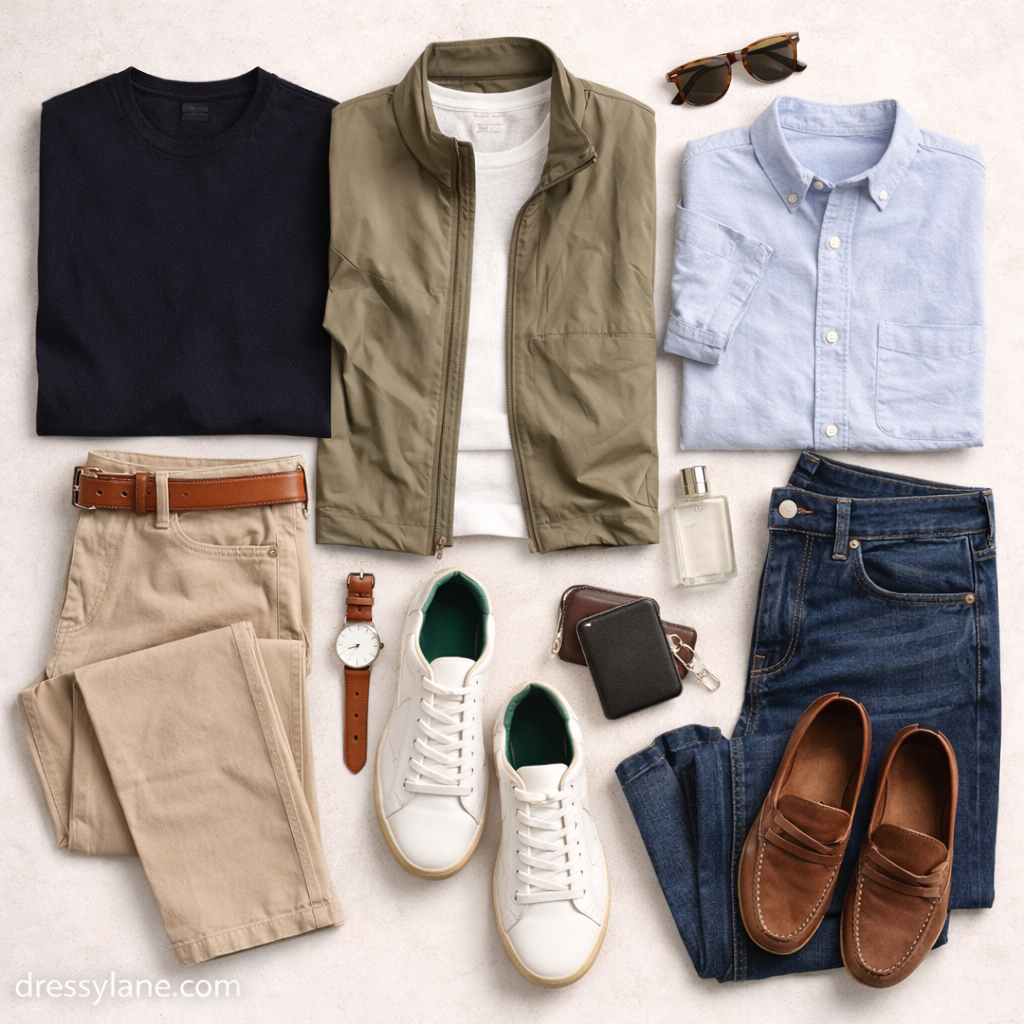 Flat lay of men’s clothing featuring clean lines, neutral colors, and simple accessories for calm, confident style.