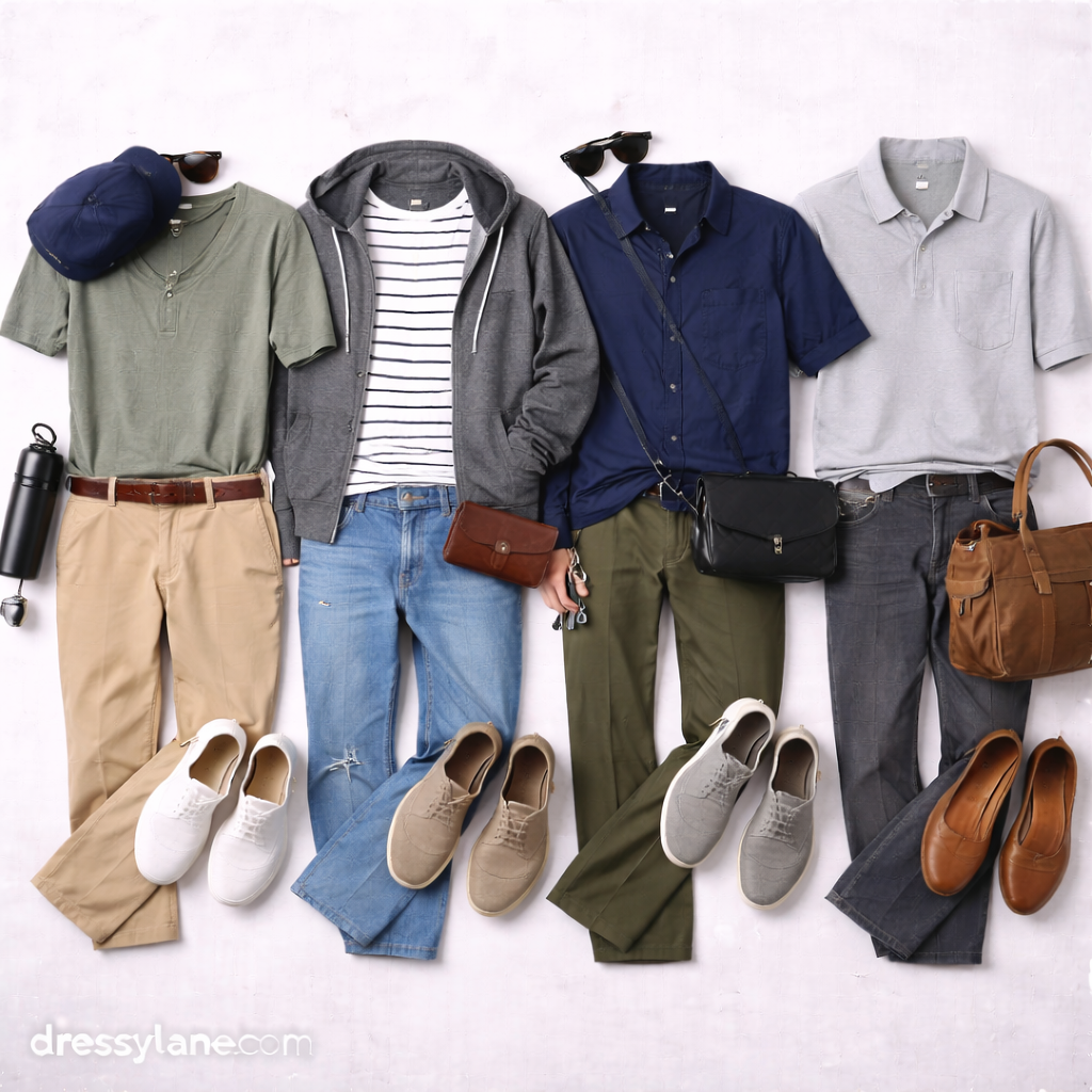Flat lay of men’s casual social event outfits featuring relaxed shirts, chinos, jeans, layered tops, and comfortable shoes styled on a neutral background.