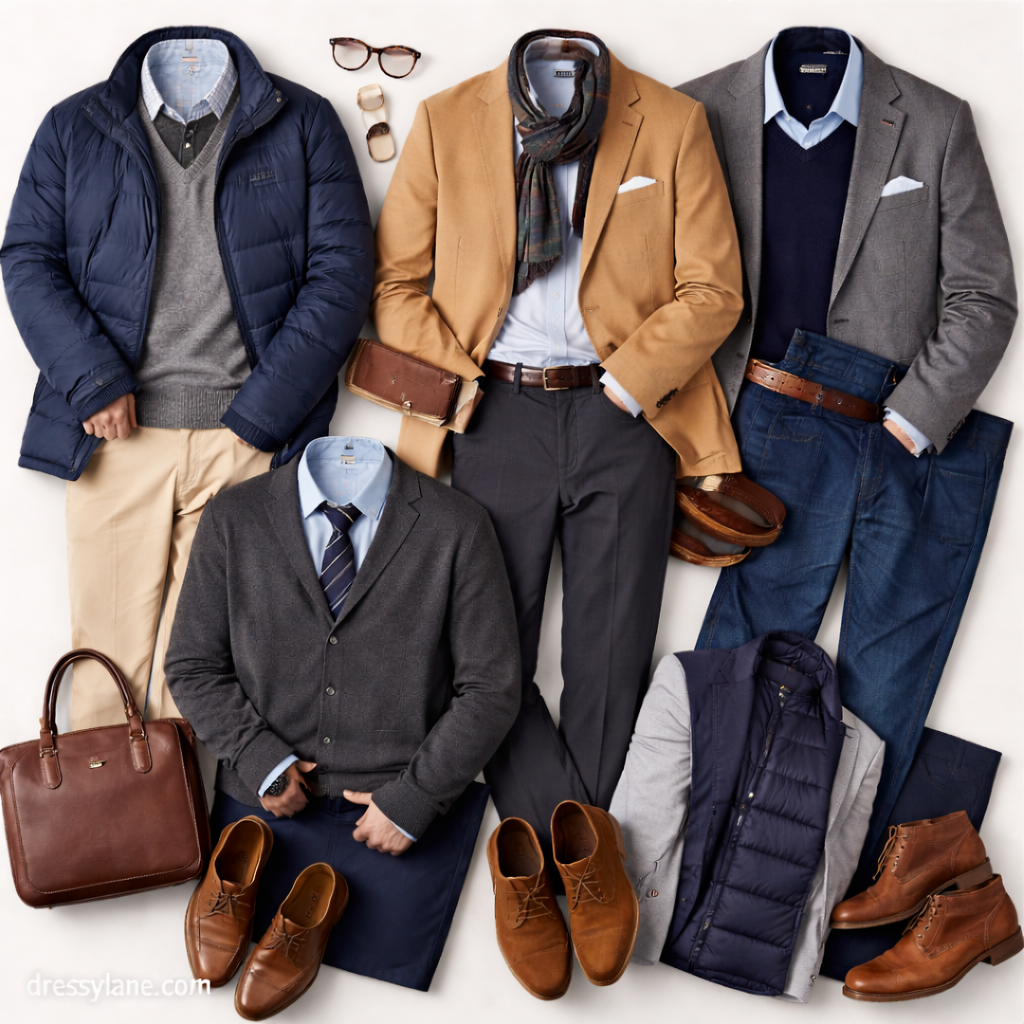 Flat lay of men’s work outfits designed for cold office environments, featuring layered professional clothing.