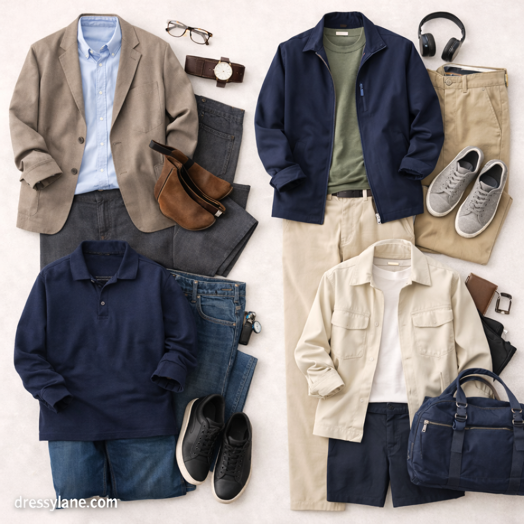 Flat lay of men’s outfits that combine comfort and polished style, featuring versatile clothing and accessories.