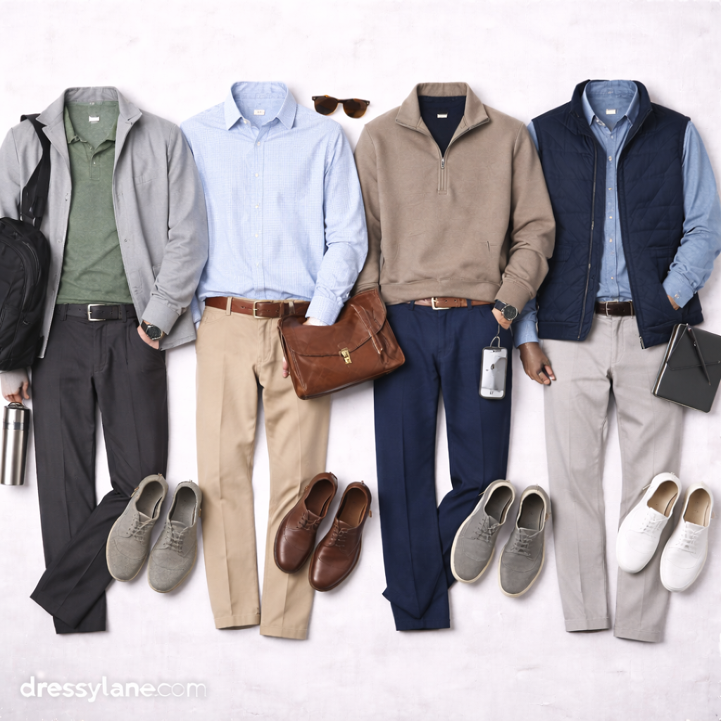 Flat lay of men’s comfortable work outfits featuring soft shirts, stretch trousers, layered jackets, and supportive shoes arranged on a neutral background.