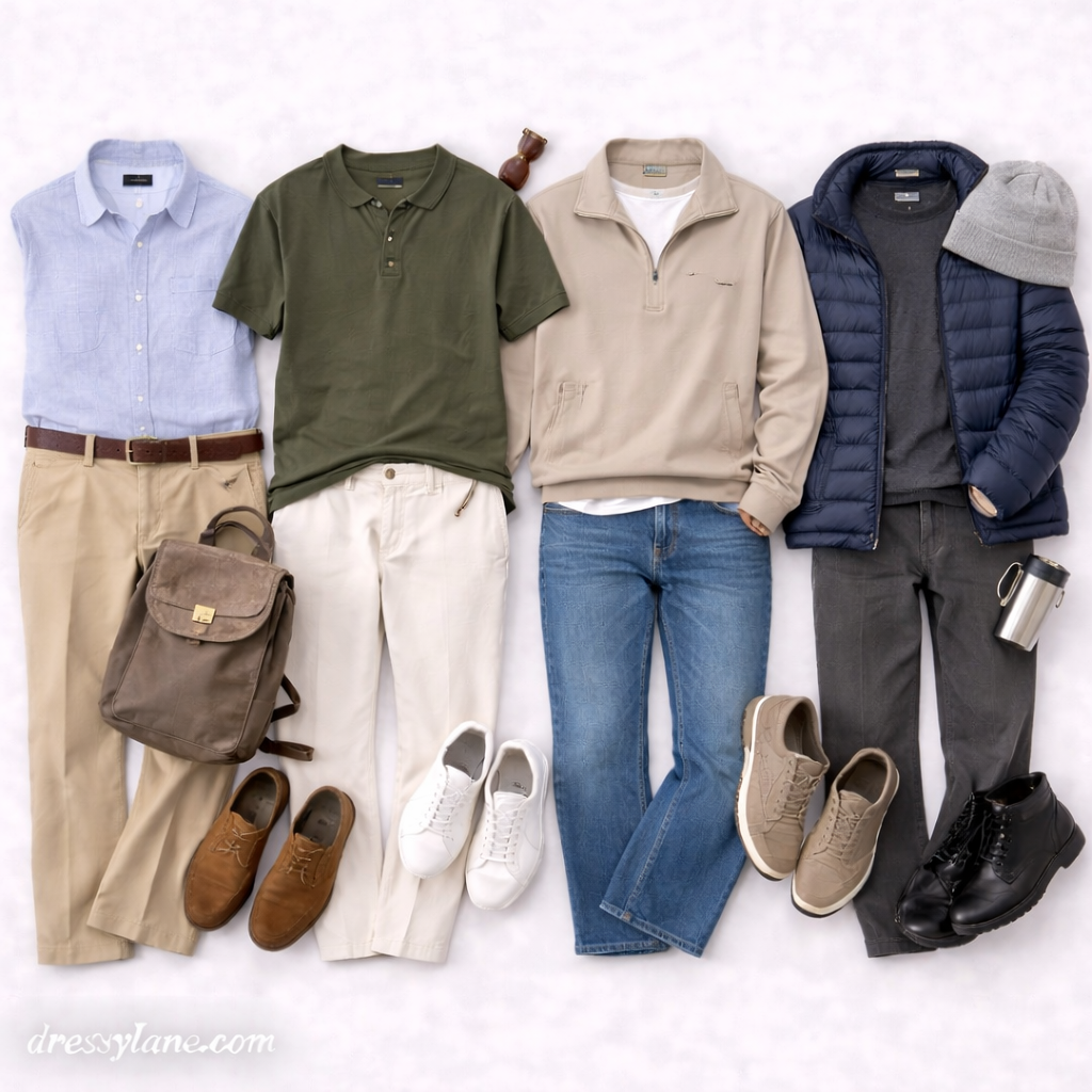 Flat lay of men’s comfortable year-round outfits featuring shirts, polos, layered outerwear, jeans, trousers, shoes, and practical accessories.