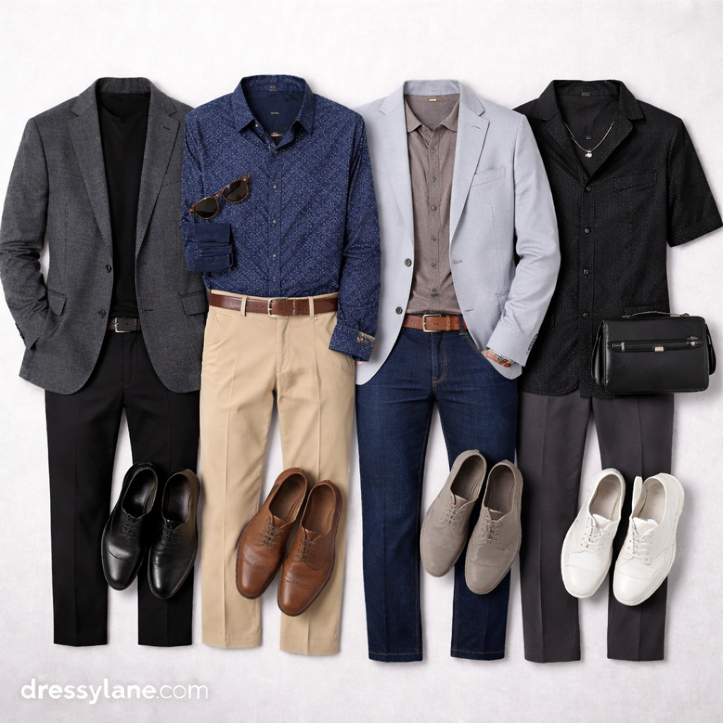 Flat lay of stylish men’s social event outfits with tailored jackets, shirts, trousers, and dress shoes arranged on a neutral background.