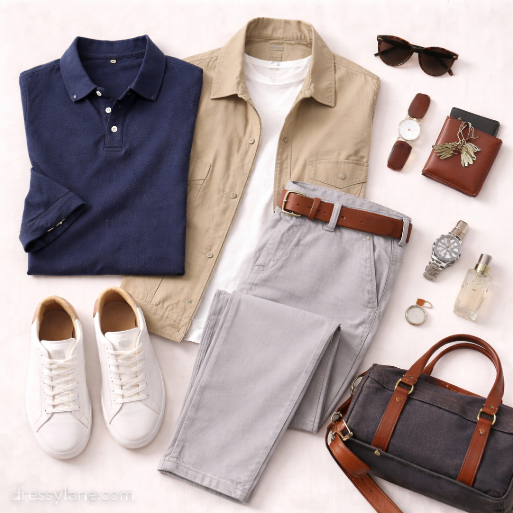 A men’s flat lay featuring a polo shirt, lightweight jacket, chinos, sneakers, leather bag, sunglasses, watch, wallet, and everyday accessories arranged neatly.
